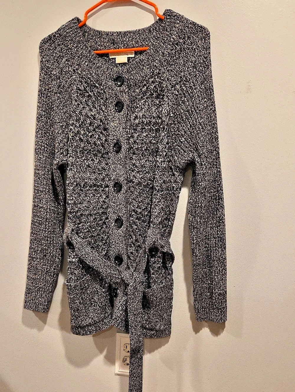 Michael Kors Gray & Black Tie-Front Cardigan Size Large Like New